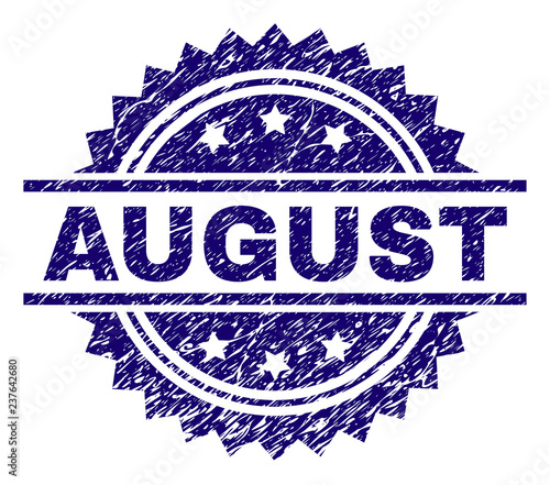 AUGUST stamp seal watermark with distress style. Blue vector rubber print of AUGUST text with grunge texture.