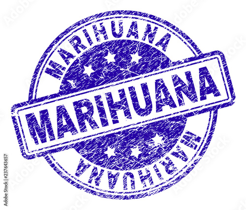 MARIHUANA stamp seal imprint with distress texture. Designed with rounded rectangles and circles. Blue vector rubber print of MARIHUANA tag with corroded texture.