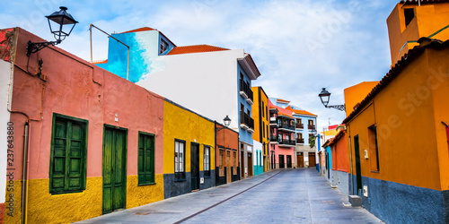 Colourful houses on street in Puerto de la Cruz town, Tenerife, Canary Islands, Spain. Panorama