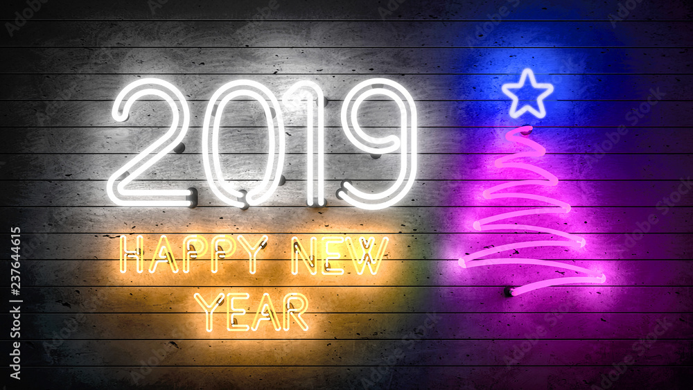 New Year 2019. Neon shapes with lights