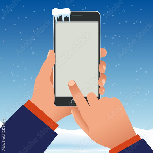 Male hand is holding a phone outside in the frost in winter. Blank screen smart phone vector illustration