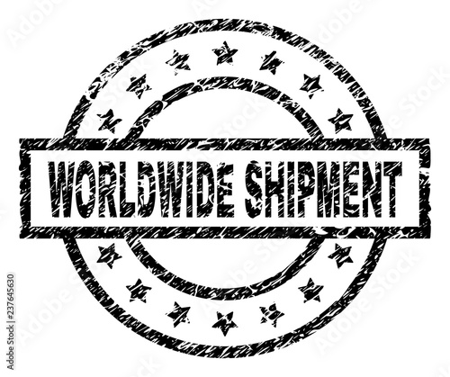 WORLDWIDE SHIPMENT stamp seal watermark with distress style. Designed with rectangle, circles and stars. Black vector rubber print of WORLDWIDE SHIPMENT title with scratched texture.