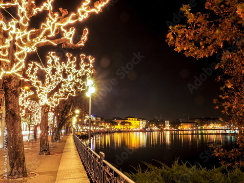 Lakeside promenade with Christmas lights