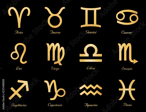 Horoscope Symbols, twelve gold silhouette sun signs of the Zodiac: Cancer, Leo, Libra, Virgo, Scorpio, Sagittarius, Capricorn, Aquarius, Pisces, Aries, Taurus, Gemini, isolated on black. 