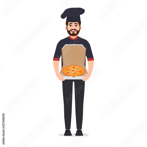 Pizza maker holds pizza vector illustration isolated on white background
