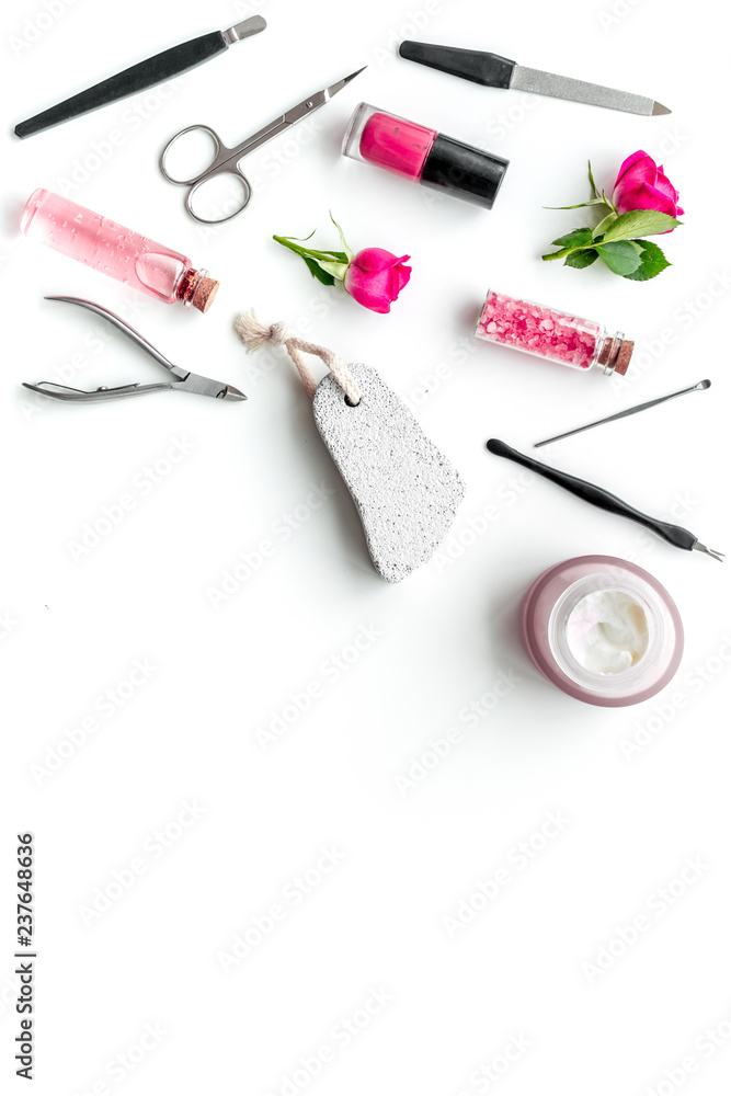 manicure tools set for nail care on white background top view mock up manicure tools set for nail care on white background top view mock up
