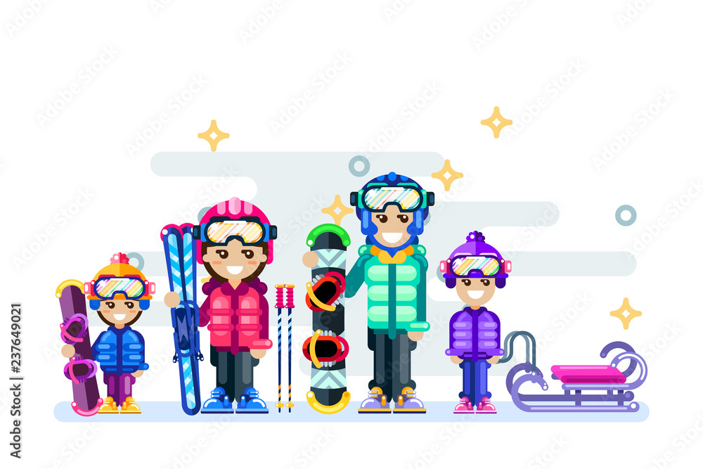 Happy family isolated winter illustration. People do winter sports, ski and snowboarding. Vector flat style illustration.