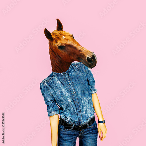 Contemporary art collage. Hipster horse in trendy jeans clothes