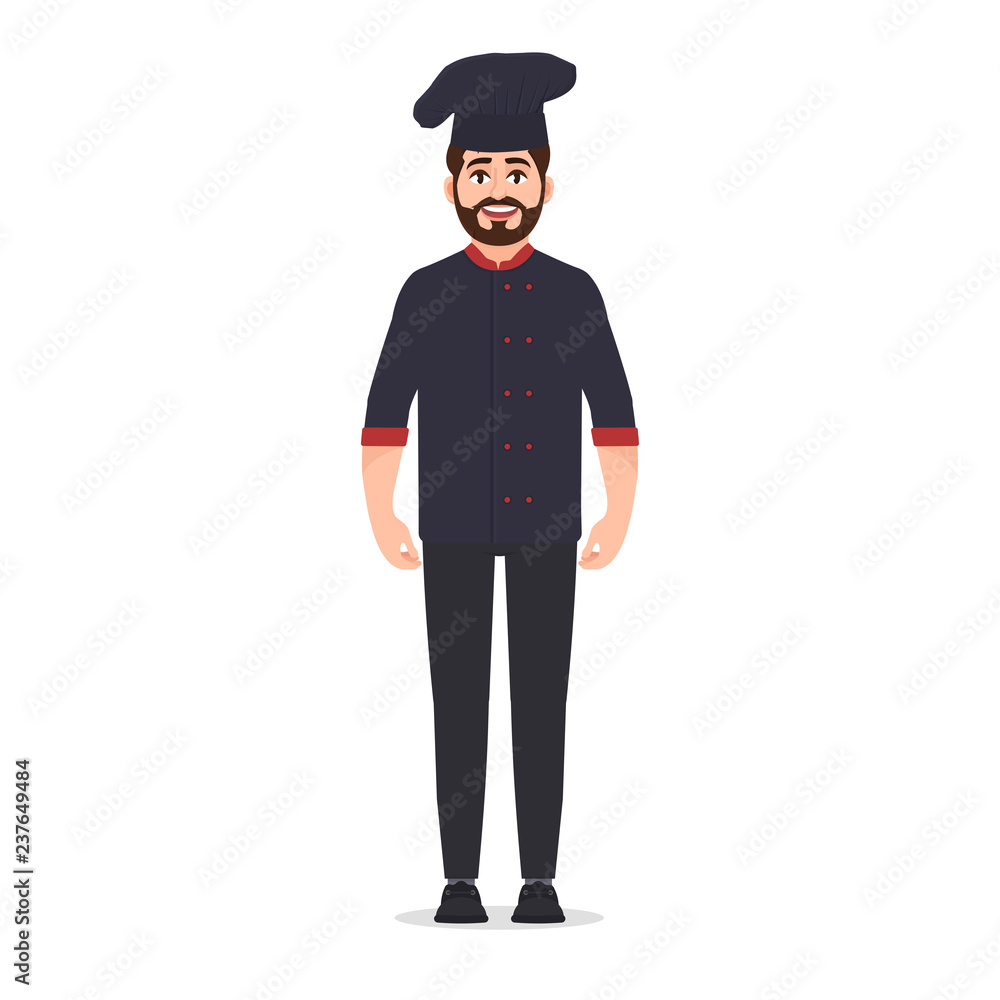 Chef cook dressed in jacket and cook hat, bearded cute character vector illustration isolated on white background Chef cook dressed in jacket and cook hat, bearded cute character vector illustration isolated on white background