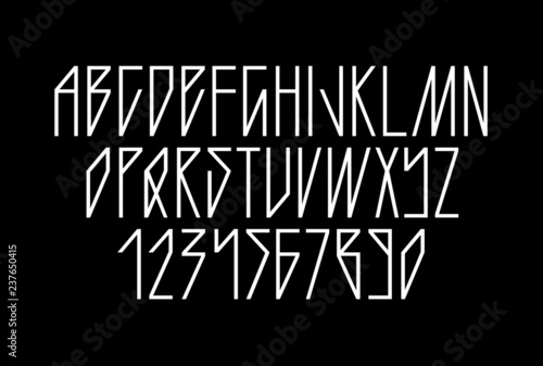 Sharp gothic neon linear tube font, uppercase and lowercase geometric sans serif typography, numerals and symbols, thin and angled minimalistic tattoo letters for neon signs, invitations and art