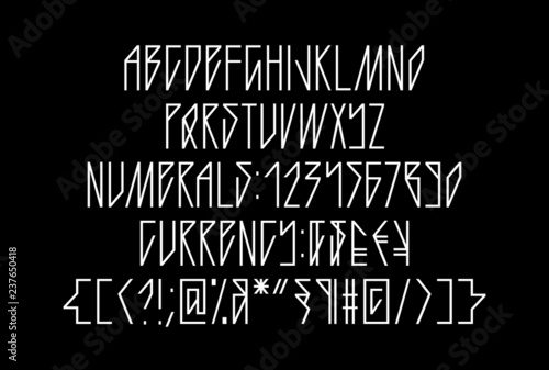 Sharp gothic neon linear tube font, uppercase and lowercase geometric sans serif typography, numerals and symbols, thin and angled minimalistic tattoo letters for neon signs, invitations and art