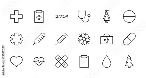 Set of medicine vector line icons. It contains the first aid kit, nurse, syringe, thermometer, plastic, pills, heart, drop of blood, palpitation and much more. Editable move. 32x32 pixels.
