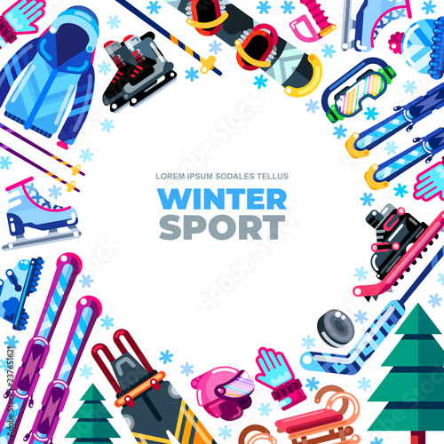 Winter frame with white background. Outdoor leisure activity stuff vector illustration. Banner or poster modern flat design.