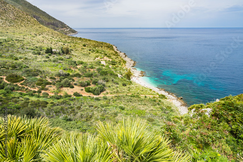 Coastline of natural reserve "Riserva dello Zingaro" has many small coves with lovely beaches, San Vito Lo Capo, Sicily, Italy