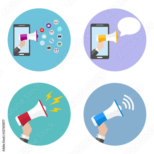 Hand holding a megaphone set, promotion marketing concept in a multi-colored circle