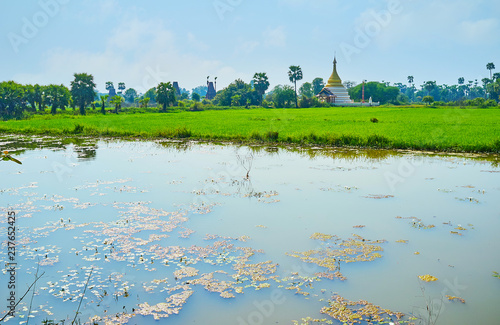 The ancient Bddhist landmarks of Ava (Inwa) - stupas, monasteries and shrines are hidden among the agricultural lands, paddy-fields and small water tanks, Myanmar. photo