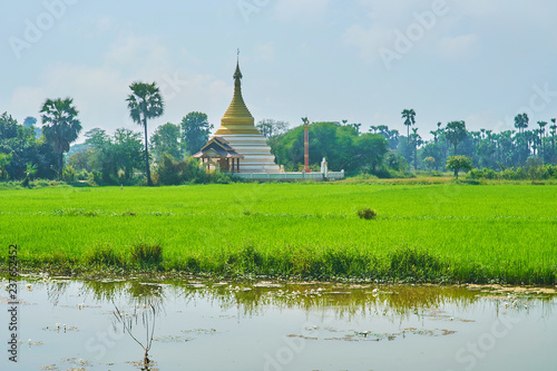 The white-golden pagoda, neighboring with paddy-fields and ancient Bagaya Monastery, Ava (Inwa), Myanmar. photo