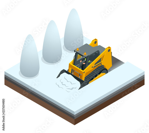 Isometric Compact Excavators. Orange Steer Loader isolated on a white background.