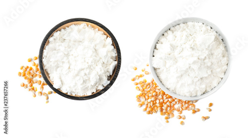 Fotografía Set with corn starch and kernels on white background, top view