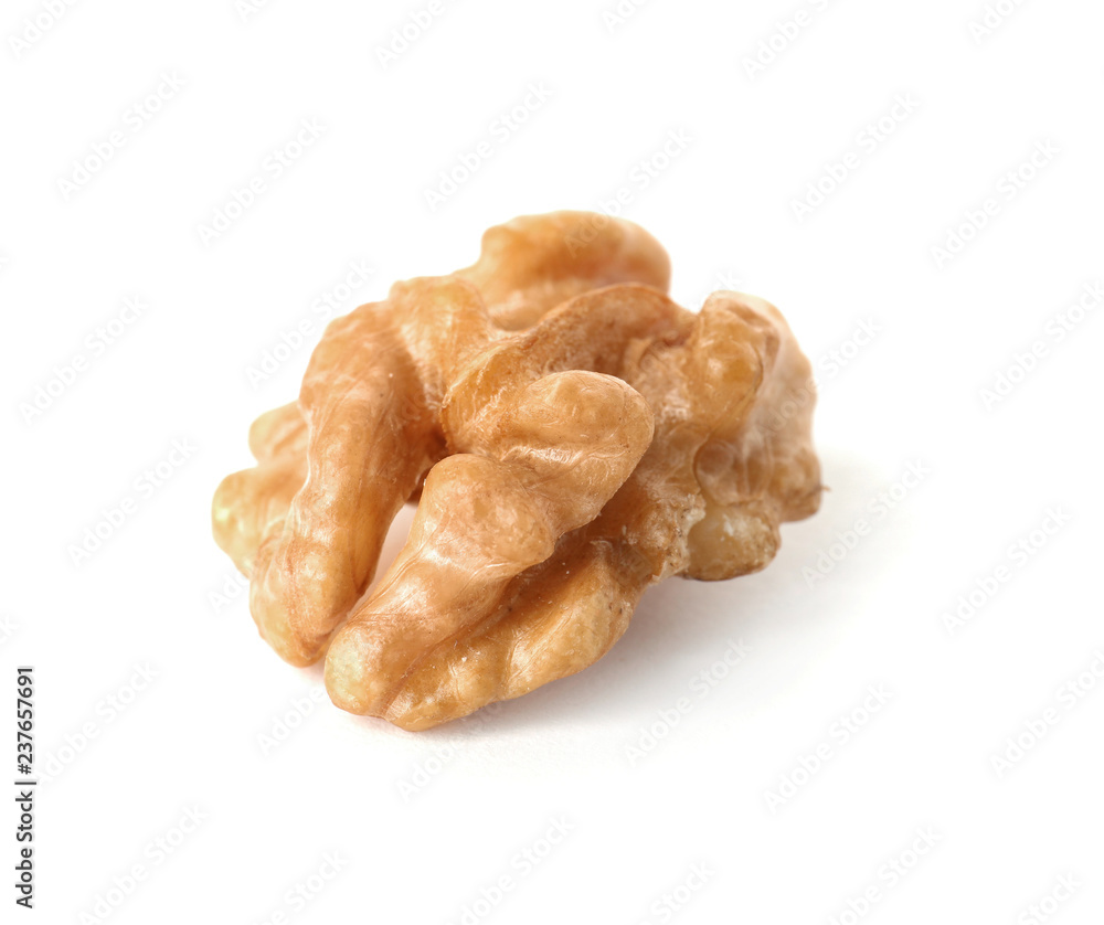 Half of tasty walnut on white background Half of tasty walnut on white background