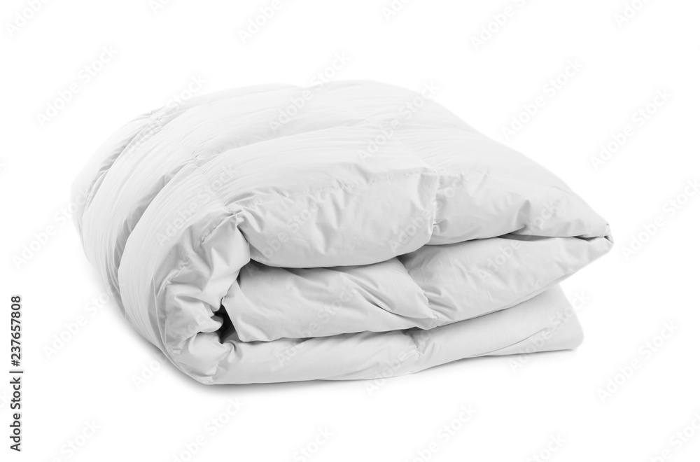 Folded clean blanket on white background. Household textile - obrazy, fototapety, plakaty 