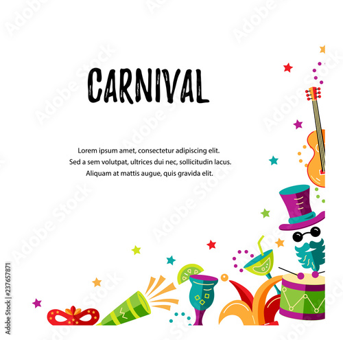 Vector illustration with carnival and celebratory objects. Template for carnival, invitation, poster, flayer, funfair.