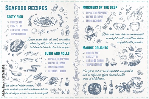 Seafood recipes hand drawn sketches. Vector