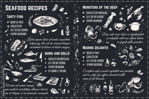 Seafood recipes chalk drawing sketches. Vector