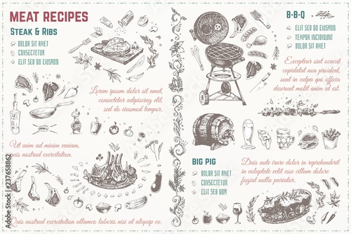 Meat dishes recipe hand drawn sketches