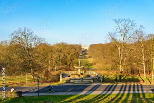 Top view landscape of fountain, Roßbrunnen, and background of remain ruin ancient Norman tower on the ruinenburg mountain, Normannischer Turm auf dem Ruinenberg, in Potsdam, Berlin, Germany. 