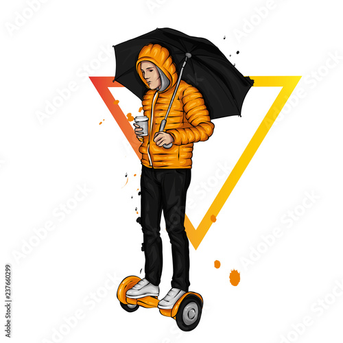 Gyroscope and legs in jeans and sneakers. Vector illustration. Sport and active lifestyle. Gyroscooter. Hoverboard.