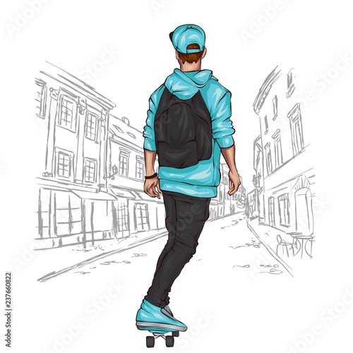 A stylish skater. A handsome guy. Street sports. Vector illustration for a postcard or a poster, print for clothes. Athlete.
