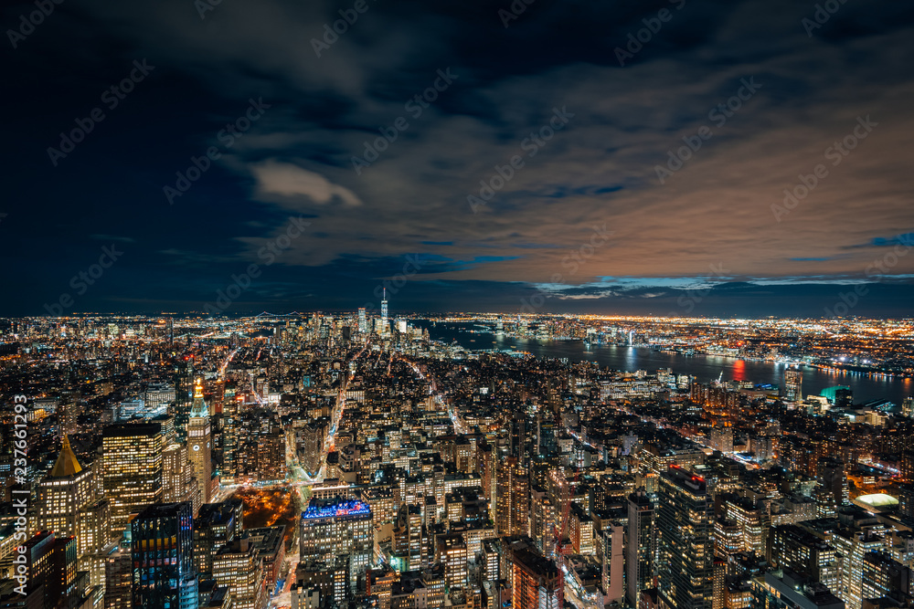 View of the Manhattan skyline at night, in New York City