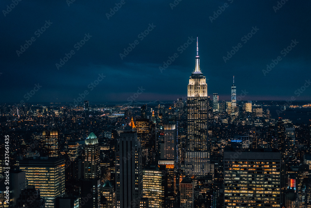 View of the Empire State Building and Midtown Manhattan skyline at night, in New York City