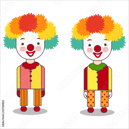 Portrait of clown isolated on white background wearing costume with wig and red nose occupation flat vector