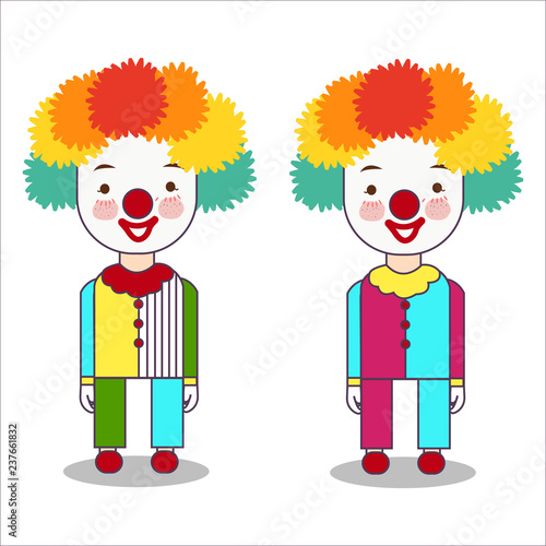 Portrait of clown isolated on white background wearing costume with wig and red nose occupation flat vector