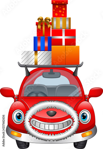 Cartoon red car carrying christmas gift boxes on its rack