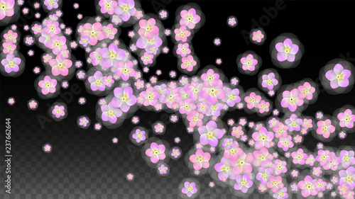 Blue Vector Realistic Blue Petals Falling on Transparent Background.  Spring Romantic Flowers Illustration. Flying Petals. Sakura Spa Design. Blossom Confetti. Design Elements for Wedding Decoration.