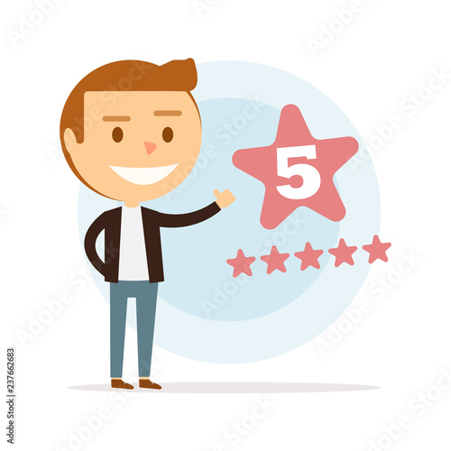 Happy young man puts five stars. Online reviews. 