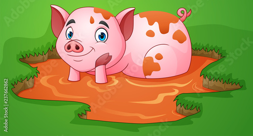 Cartoon pig playing a mud puddle in the farm