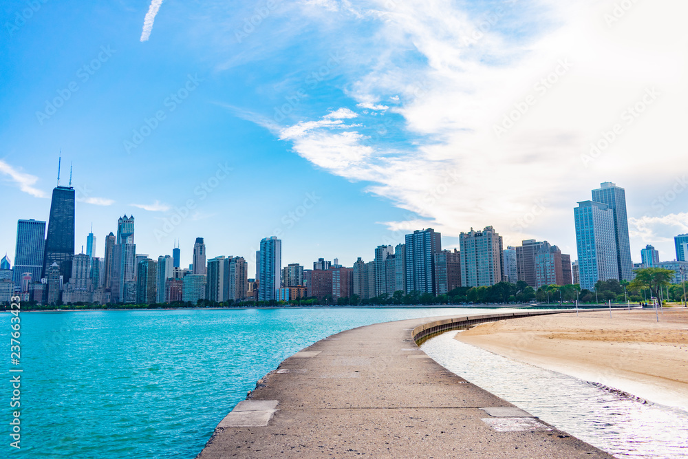 Path along North Avenue Beach with Sunny Chicago Skyline in the Summer