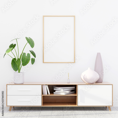 Modern living room interior with a wooden dresser and a poster mockup, 3D render