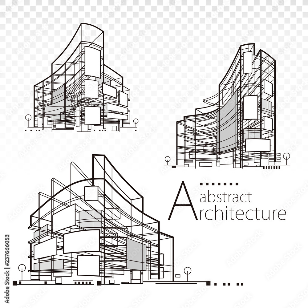 3D illustration architecture abstract modern building design set. - obrazy, fototapety, plakaty 