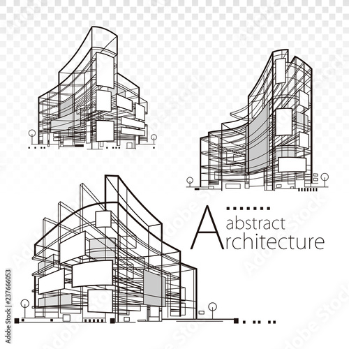 3D illustration architecture abstract modern building design set.