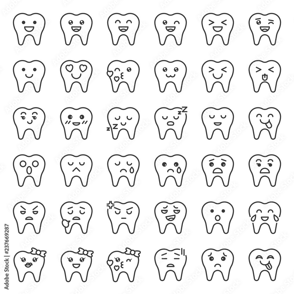 Cute tooth cartoon emoticon set, line style Cute tooth cartoon emoticon set, line style