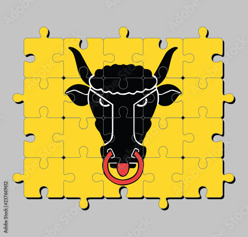 Jigsaw puzzle of Uri flag. The canton of Switzerland Confederation. Concept of Fulfillment or perfection.