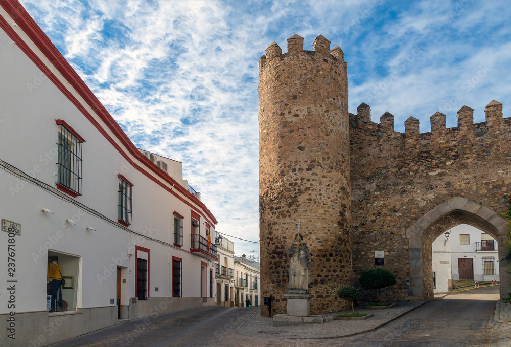 JEREZ DE LOS CABALLEROS, BADAJOZ, SPAIN - NOVEMBER 24, 2018: Arch of Burgos on the wall, old entrance to the city
