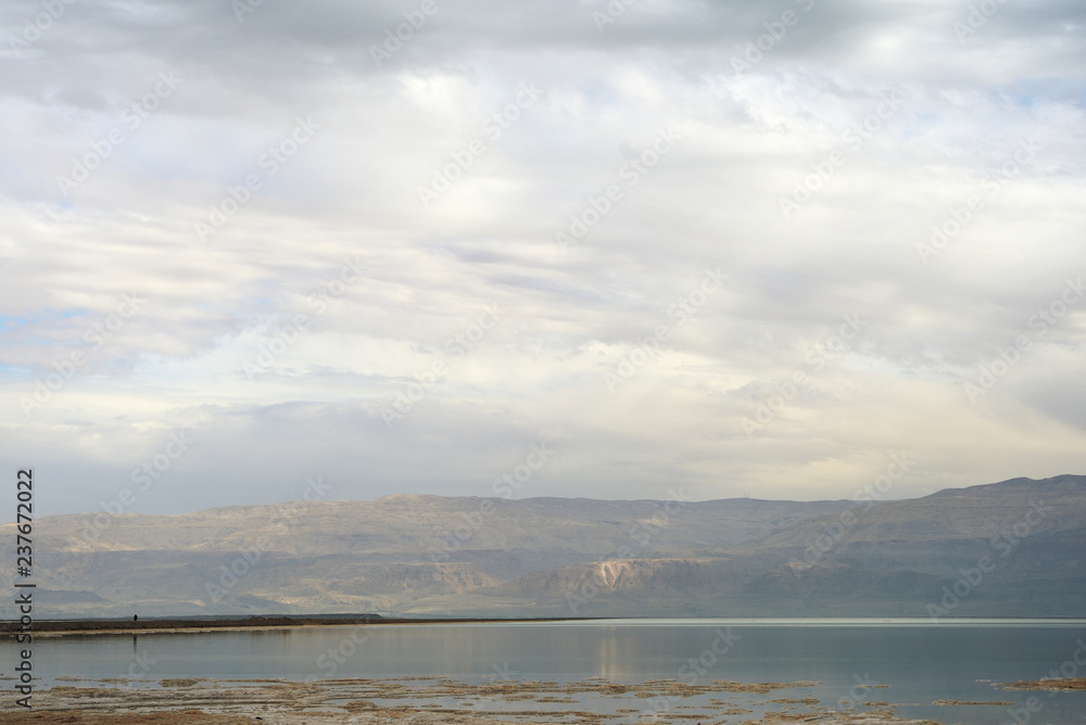 Dead Sea and overcast sky in cloudy weather