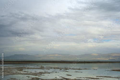 Dead Sea and overcast sky in cloudy weather