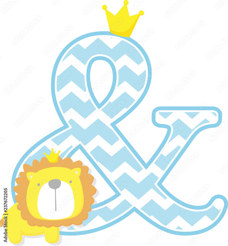 ampersand symbol with cute little lion king with golden crown isolated on white  background. can be used for father's day card, baby boy birth  announcements, nursery decoration or invitation Stock Vector